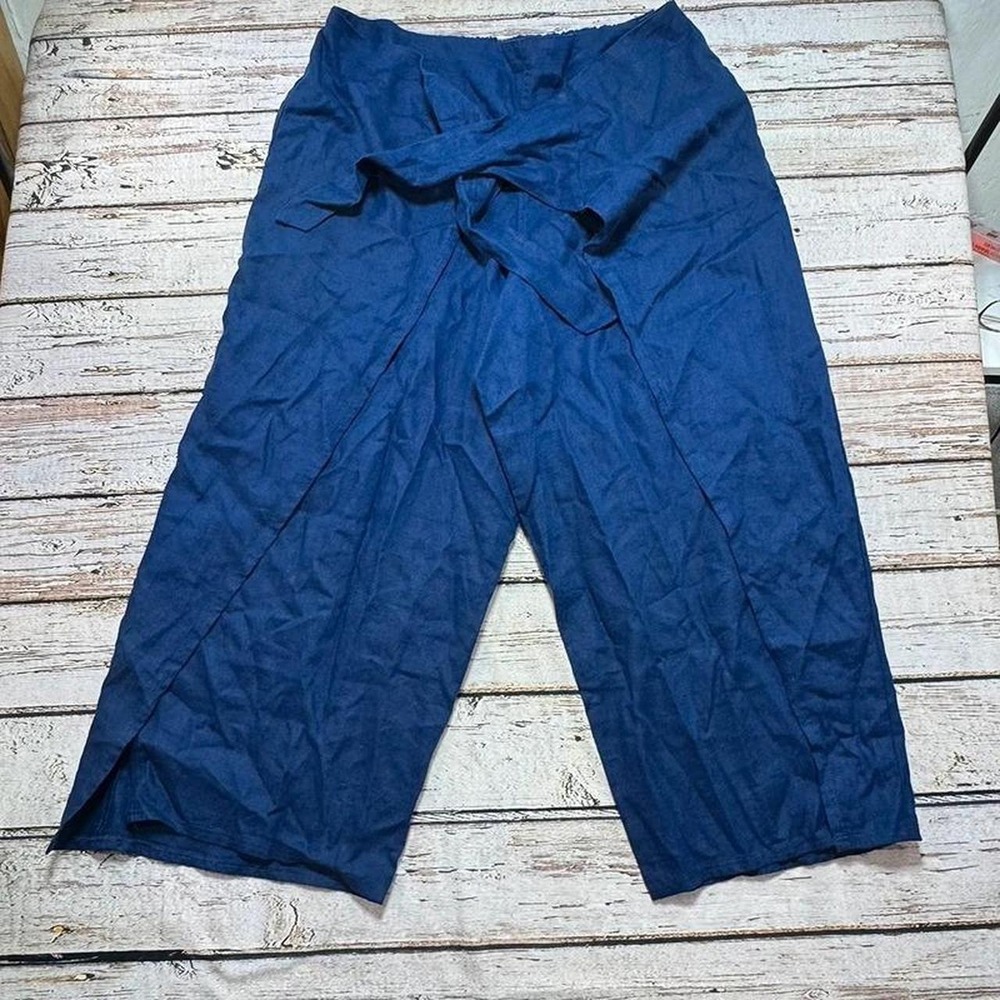 Lands End Women's Blue Linen Cropped Wide Leg Tie Waist Pants 16-18 1X